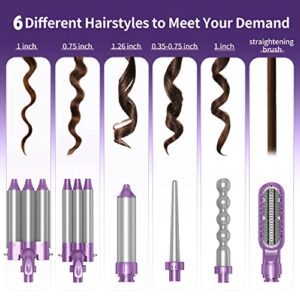 Beach Wave Hair Curling Iron Wand, Lyealion 6 in 1 Curling Iron Set with 2 * 3 Barrel Hair Crimper, Curling Brush and 3 Interchangeable Ceramic Curling Wand for Women