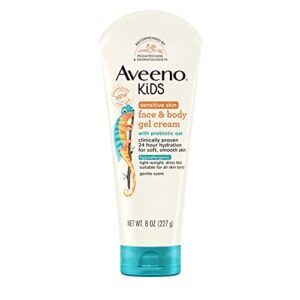 aveeno sensitive skin face & body gel cream for kids with prebiotic oat, clinically proven 24 hour hydration for soft skin, quick drying and lightweight, hypoallergenic, 8 oz