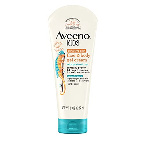 Aveeno Sensitive Skin Face & Body Gel Cream for Kids with Prebiotic Oat, Clinically Proven 24 Hour Hydration for Soft Skin, Quick Drying and Lightweight, Hypoallergenic, 8 oz