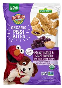 earth’s best organic kids snacks, sesame street toddler snacks, organic pb&j bites for toddlers 2 years and older, peanut butter and grape flavored with other natural flavors, 3 oz bag