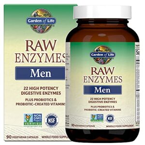 garden of life 22 digestive enzymes for men with bromelain, papain & lactase plus probiotics & whole food vitamins b12, biotin & zinc – raw enzymes – non-gmo, gluten-free, vegetarian, 90 capsules