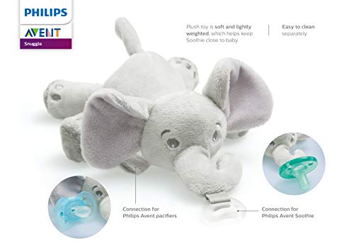 Philips AVENT Soothie Snuggle Pacifier Holder with Detachable Pacifier, 0m+, Elephant, SCF347/03