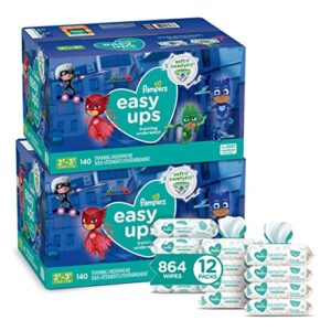 pampers easy ups pull on training pants boys and girls, 2t-3t (size 4), 2 month supply (2 x 140 count) with sensitive water based baby wipes, 12x pop-top packs (864 count)