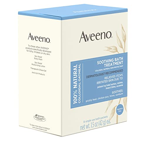 Aveeno Soothing Bath Treatment with 100% Natural Colloidal Oatmeal for Treatment & Relief of Dry, Itchy, Irritated Skin Due to Poison Ivy, Eczema, Sunburn, Rash, Insect Bites & Hives, 8 ct.