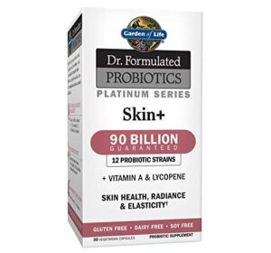 garden of life dr. formulated platinum series skin+ 90 billion cfu guaranteed, 12 probiotic strains + vitamin a & lycopene for skin health, radiance & elasticity, vegetarian supplement, 30 capsules