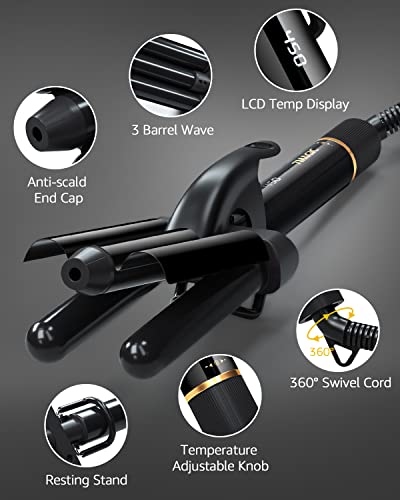 Hair Waver, 3 Barrel Curling Iron for Beachy Waves, Hair Crimper with LCD Temp Display, Ceramic Tourmaline Triple Barrels Curling Wand, Beach Waver Curling Iron with Dual Voltage, Black