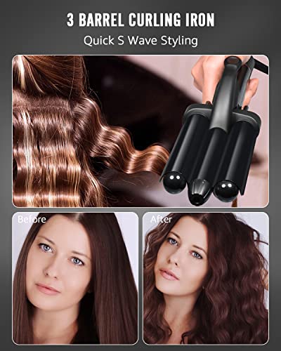 Hair Waver, 3 Barrel Curling Iron for Beachy Waves, Hair Crimper with LCD Temp Display, Ceramic Tourmaline Triple Barrels Curling Wand, Beach Waver Curling Iron with Dual Voltage, Black