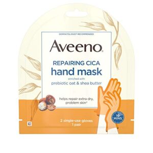 aveeno repairing cica hand mask with prebiotic oat and shea butter for extra dry skin, paraben and fragrance free, 1 pair of single use gloves