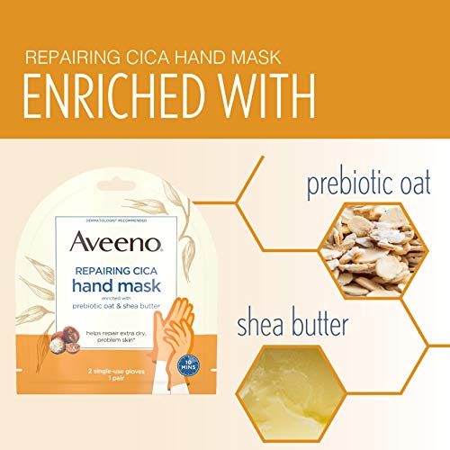 Aveeno Repairing CICA Hand Mask with Prebiotic Oat and Shea Butter for Extra Dry Skin, Paraben and Fragrance Free, 1 Pair of Single Use Gloves