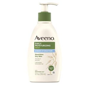 aveeno sheer hydration daily moisturizing lotion for dry skin with soothing oat, lightweight, fast-absorbing & fragrance-free intense body moisturizer, 12 fl. oz