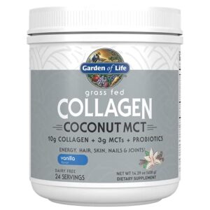 garden of life grass fed collagen coconut mct powder – vanilla, 24 servings, collagen powder for energy hair skin nails joints, collagen peptides powder, coconut mcts, collagen protein supplements