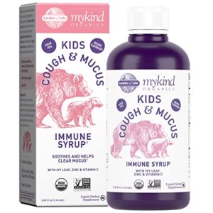 garden of life elderberry zinc immune support for kids, mykind organics kids cough & mucus immune syrup with ivy leaf, vitamin c and echinacea for children, alcohol free, no added sugars, 3.92 fl oz