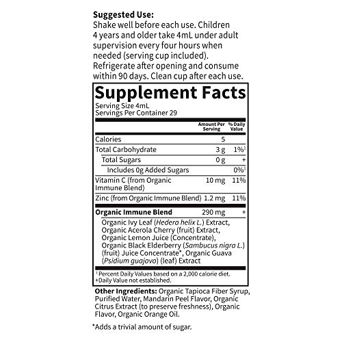 Garden of Life Elderberry Zinc Immune Support for Kids, mykind Organics Kids Cough & Mucus Immune Syrup with Ivy Leaf, Vitamin C and Echinacea for Children, Alcohol Free, No Added Sugars, 3.92 fl oz