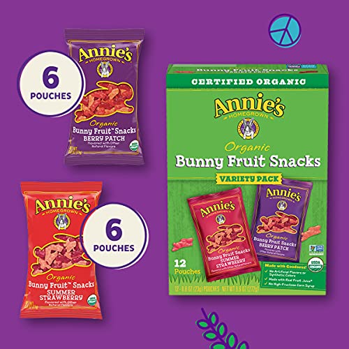 Annie's Homegrown Organic Bunny Fruit Snacks, Variety Pack, 12 Pouches, 9.6 oz Box