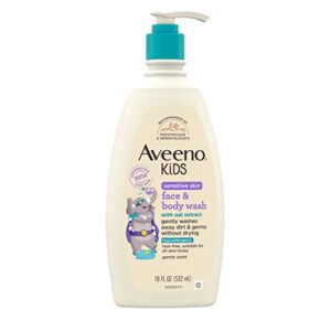 Aveeno Kids Sensitive Skin Face & Body Wash With Oat Extract, Gently Washes Away Dirt & Germs Without Drying, Tear-Free & Suitable for All Skin Tones, Hypoallergenic, 18 fl. Oz