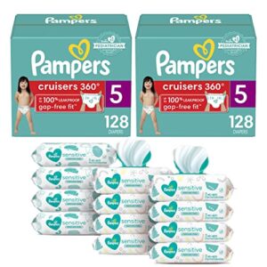pampers baby diapers and wipes (2 month supply) – pull on cruisers 360° fit diapers with stretchy waistband size 5 (2 x 128 count) with sensitive baby wipes, 12x pop-top packs, 864 count