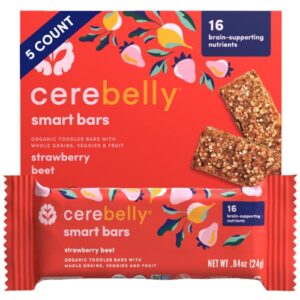 cerebelly toddler snack bars – strawberry beet smart bars (pack of 5), healthy & organic whole grain bars with veggies & fruit, 15 brain-supporting nutrients from superfoods, nut free, no added sugar, made with gluten free ingredients