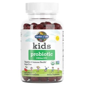garden of life probiotics for kids, cherry flavor gummies – sugar free once daily kids probiotic gummies, 3 billion cfu probiotics plus fiber for digestive & immune health, 30 vegetarian gummies