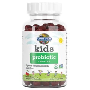 Garden of Life Probiotics for Kids, Cherry Flavor Gummies - Sugar Free Once Daily Kids Probiotic Gummies, 3 Billion CFU Probiotics Plus Fiber for Digestive & Immune Health, 30 Vegetarian Gummies