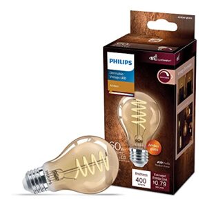 philips led vintage flicker-free amber spiral a19, dimmable, eyecomfort technology, 400 lumen, amber light(2000k), 6.5w=60w, title 20 certified, e26 base, 1-pack (565796)