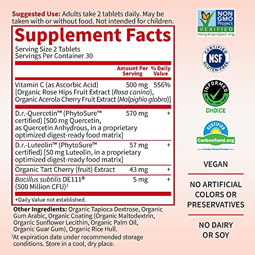 Garden of Life Quercetin Probiotic & Uric Acid Support with Tart Cherry, Vitamin C from Organic Acerola and Rose Hips Plus Luteolin – Dr Formulated – Gluten Free, Non GMO, Carbon Neutral – 60 Tablets