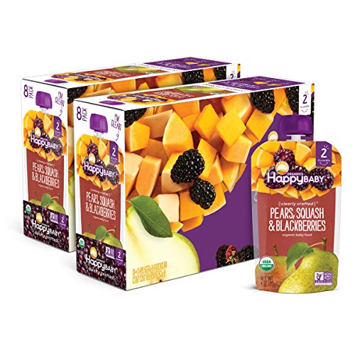 Happy Baby Organics Clearly Crafted Stage 2 Baby Food, Pears, Squash & Blackberries, 4 Ounce Pouch (Pack of 16)