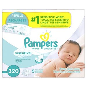 pampers sensitive water based baby wipes 5x refill packs, 64 count (pack of 5)