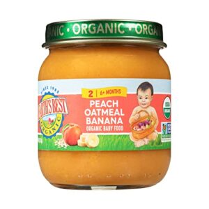 earth’s best organic baby food jars, stage 2 fruit puree for babies 6 months and older, organic peach, oatmeal and banana, 4 oz resealable glass jar