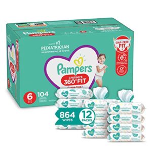 diapers size 6, 104 count and baby wipes – pampers pull on cruisers 360° fit baby diapers with stretchy waistband, one month supply with sensitive wipes, 12x pop-tops, 864 count (packaging may vary)
