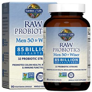 garden of life raw probiotics for men over 50 – men 50 & wiser probiotic with acidophilus and bifidobacteria probiotic-created vitamins, enzymes, and prebiotics, gluten free, 90 vegetarian capsules