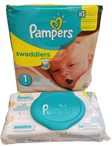 Pampers Swaddlers Diapers, Size 1, 20 Count - Pampers Sensitive Wipes Travel Pack 50 Count.