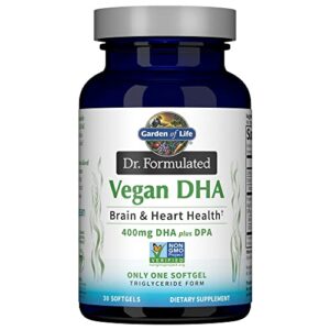 garden of life omega 3 vegan dha supplements dr. formulated vegan dha, 400mg dha & 70mg dpa in triglyceride form from a single source, omega 3 supplement for women’s and men’s health, 30 softgels