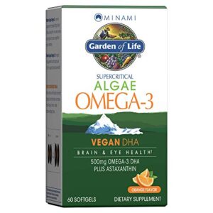 garden of life minami algae omega 3 vegan dha for brain and eye health – orange flavor, 500mg plant based dha omega-3 vegan algae oil plus astaxanthin, no aftertaste, 60 easy-to-swallow mini softgels