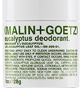 Malin + Goetz Travel Mini Eucalyptus Deodorant, natural effective odor & sweat defense, for all skin types, clear color, no residue/stains, free of aluminum, alcohol, baking soda, parabens 1oz