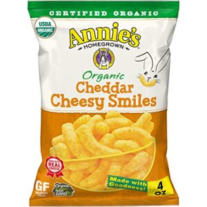 annie’s organic cheddar cheesy smiles, baked corn puffs, 4 oz.