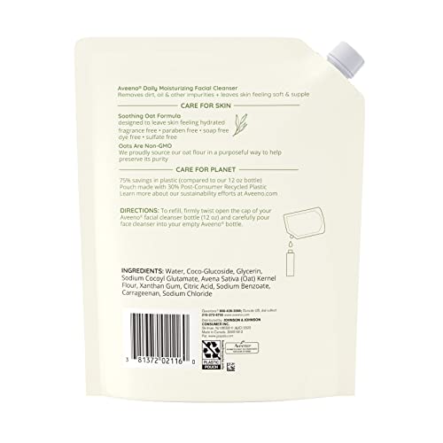 Aveeno Daily Moisturizing Facial Cleanser with Soothing Non-GMO Oat, Leaves Skin Feeling Hydrated, Soft & Supple, Paraben-, Sulfate-, Fragrance-, Dye- & Soap-Free, Refill Pouch, 16 fl. Oz