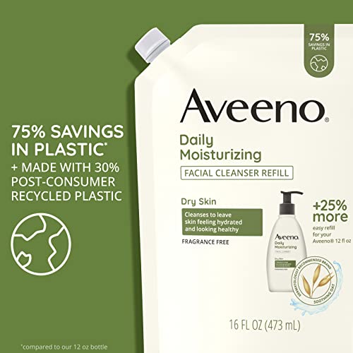 Aveeno Daily Moisturizing Facial Cleanser with Soothing Non-GMO Oat, Leaves Skin Feeling Hydrated, Soft & Supple, Paraben-, Sulfate-, Fragrance-, Dye- & Soap-Free, Refill Pouch, 16 fl. Oz
