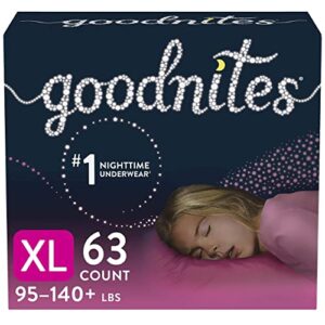goodnites nighttime bedwetting underwear, girls’ xl (95-140 lb.), 63ct, fsa/hsa-eligible