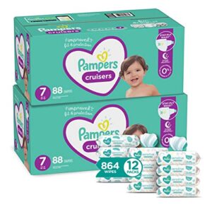 pampers cruisers disposable baby diapers size 7, 2 month supply (2 x 88 count) with sensitive water based baby wipes, 12x pop-top packs (864 count)