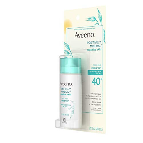 Aveeno Positively Mineral Sensitive Skin SPF 40+ Sunscreen Face Milk with Zinc Oxide & Titanium Dioxide, Invisible Oil-Free Liquid Facial Sunscreen, Paraben- & Phthalate-Free, 1.4 fl. oz