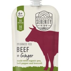 Serenity Kids 6+ Months Baby Food Pouches Puree Made With Ethically Sourced Meats & Organic Veggies | 3.5 Ounce BPA-Free Pouch | Grass Fed Beef & Ginger, Pea, Bell Pepper, Broccoli | 6 Count