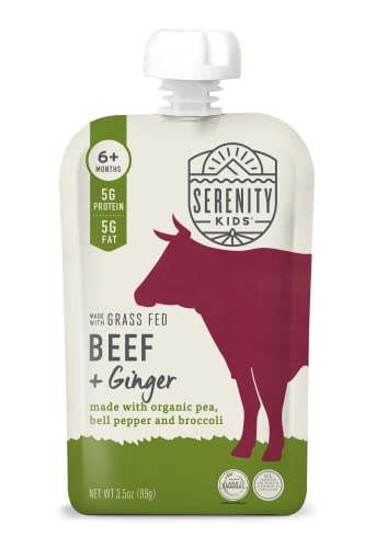 Serenity Kids 6+ Months Baby Food Pouches Puree Made With Ethically Sourced Meats & Organic Veggies | 3.5 Ounce BPA-Free Pouch | Grass Fed Beef & Ginger, Pea, Bell Pepper, Broccoli | 6 Count