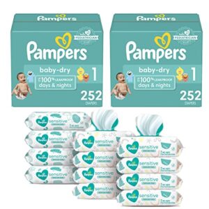 pampers baby diapers and wipes starter kit (2 month supply) – baby dry disposable baby diapers (2 x 252 count) with sensitive water based baby wipes, 12x pop-top packs, 864 count