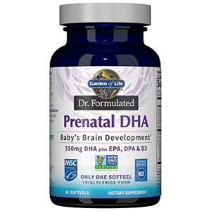 garden of life dr. formulated prenatal dha fish oil – 550mg dha & dpa in triglyceride form 100% dv vitamin d3, single source, mercury free omega 3 dha supplements for women’s health, 30 softgels