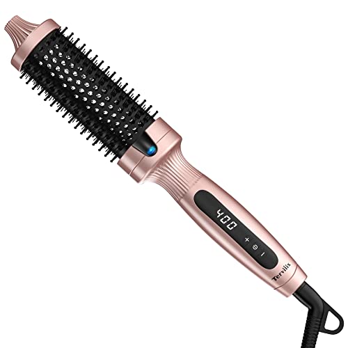 Terviiix 1.5 Inch Heated Curling Brush Ceramic Tourmaline Ionic Curling Iron Volumizing Hot Brush Create Root Volume & Loose Curls, Digital Display 9 Temperatures Round Brush Volumizer, Dual Voltage