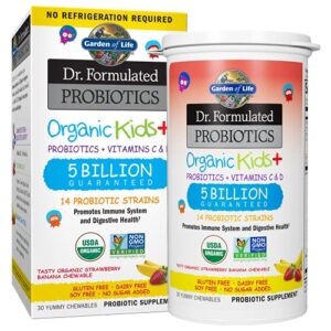 garden of life dr. formulated probiotics organic kids+ plus vitamin c & d, strawberry banana, gluten dairy & soy free immune & digestive health supplement, no added sugar, 30 chewables (shelf stable)