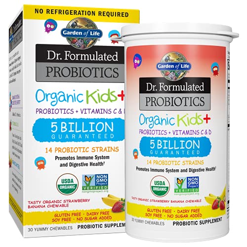 Garden of Life Dr. Formulated Probiotics Organic Kids+ Plus Vitamin C & D, Strawberry Banana, Gluten Dairy & Soy Free Immune & Digestive Health Supplement, No Added Sugar, 30 Chewables (Shelf Stable)