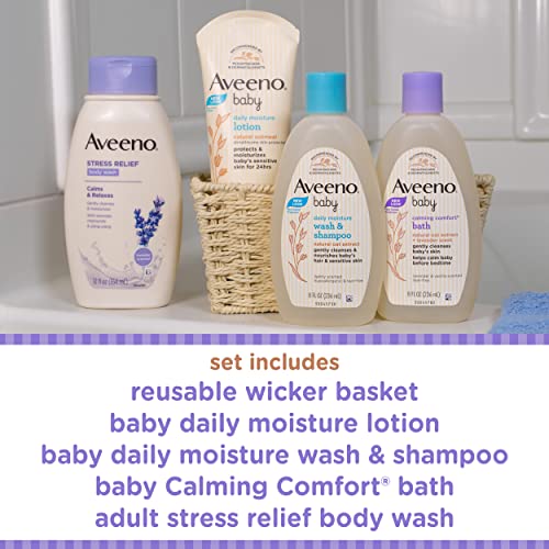 Aveeno Baby Mommy & Me Daily Bathtime Gift Set Including Baby Wash & Shampoo, Calming Baby Bath & Wash, Baby Moisturizing Lotion & Stress Relief Body Wash for Mom, Soap-Free, 4 Items