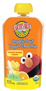 earth’s best organic sesame street toddler fruit yogurt smoothie, pineapple, orange and banana, 4.2 oz. pouch (pack of 12)