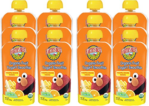 Earth's Best Organic Sesame Street Toddler Fruit Yogurt Smoothie, Pineapple, Orange and Banana, 4.2 oz. Pouch (Pack of 12)